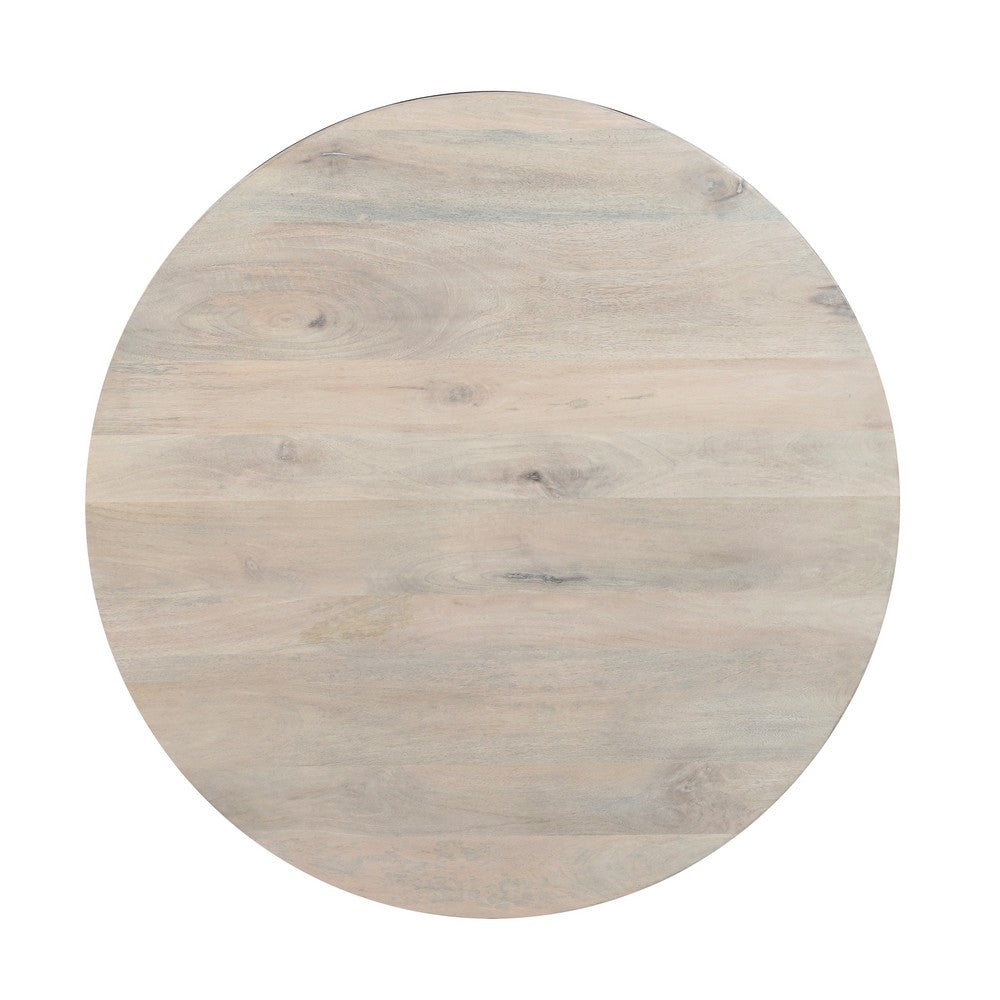 The Urban Port 37 Inch Round Coffee Table, Handcrafted Drum Shape with Storage, Washed White Mango Wood