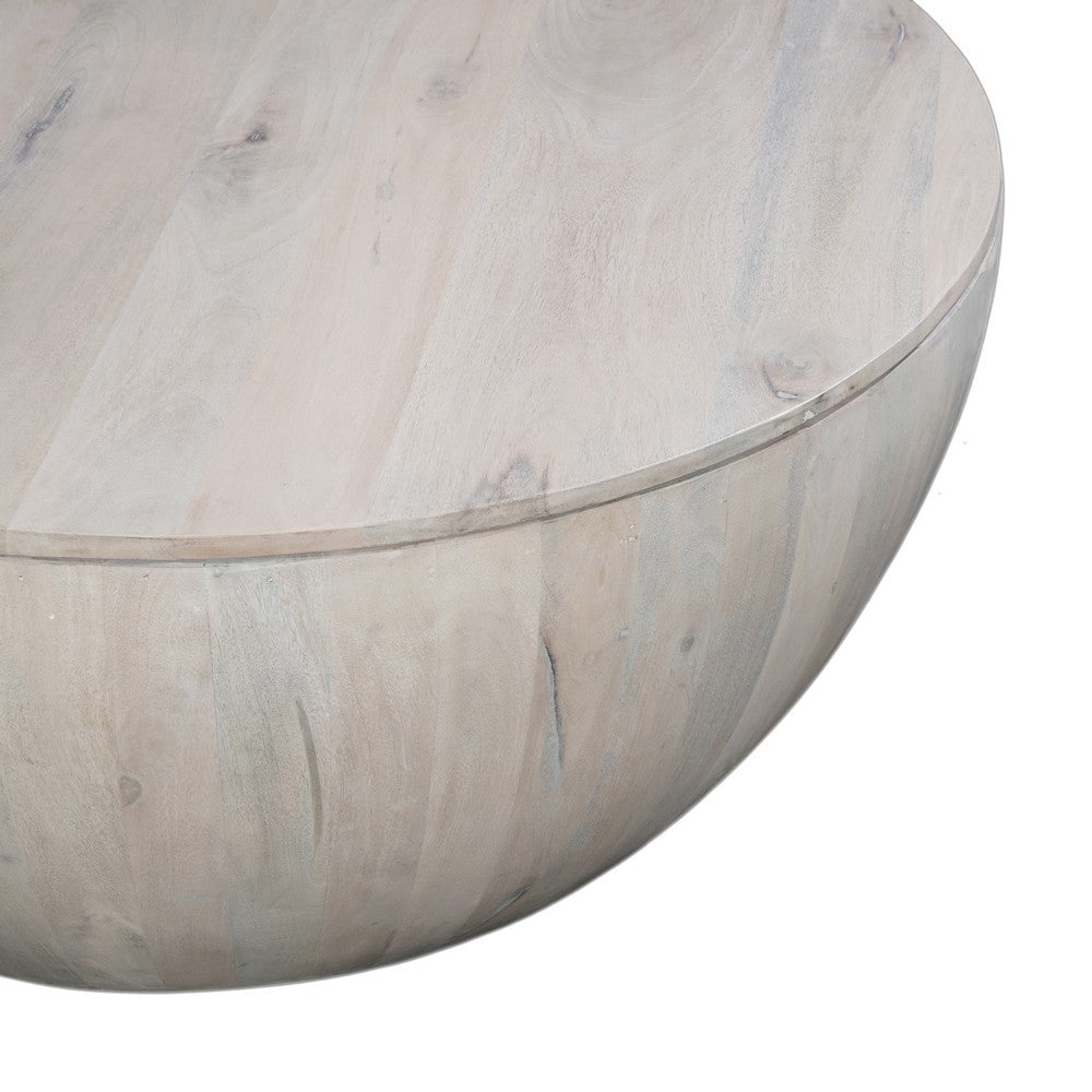 The Urban Port 37 Inch Round Coffee Table, Handcrafted Drum Shape with Storage, Washed White Mango Wood