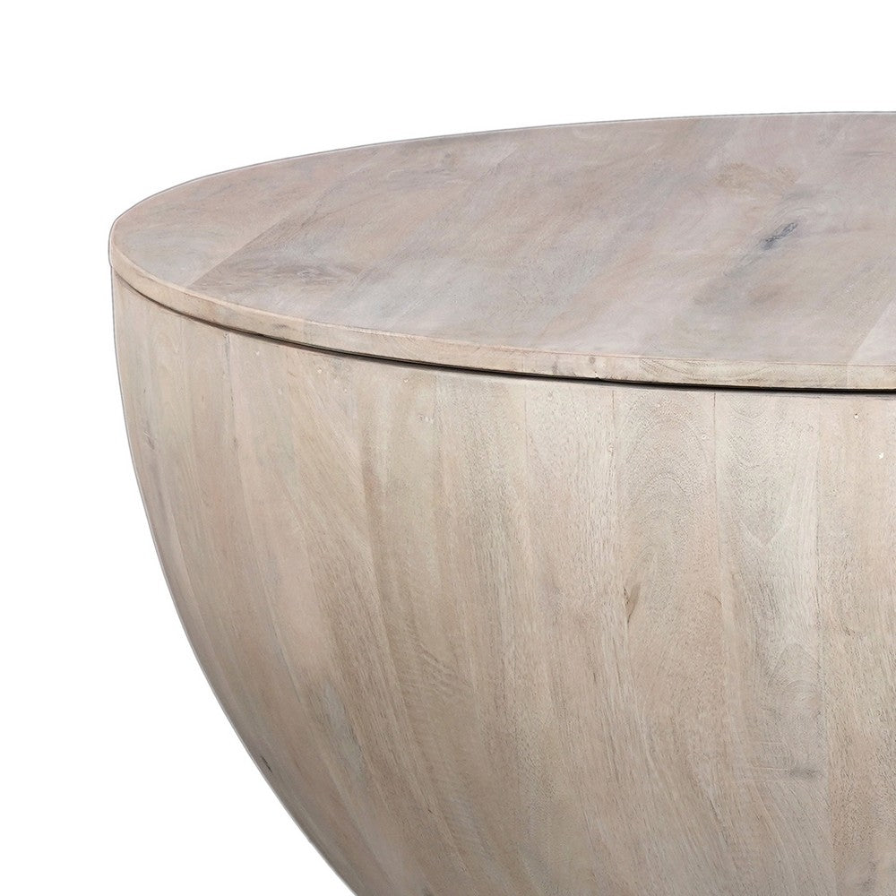 The Urban Port 37 Inch Round Coffee Table, Handcrafted Drum Shape with Storage, Washed White Mango Wood