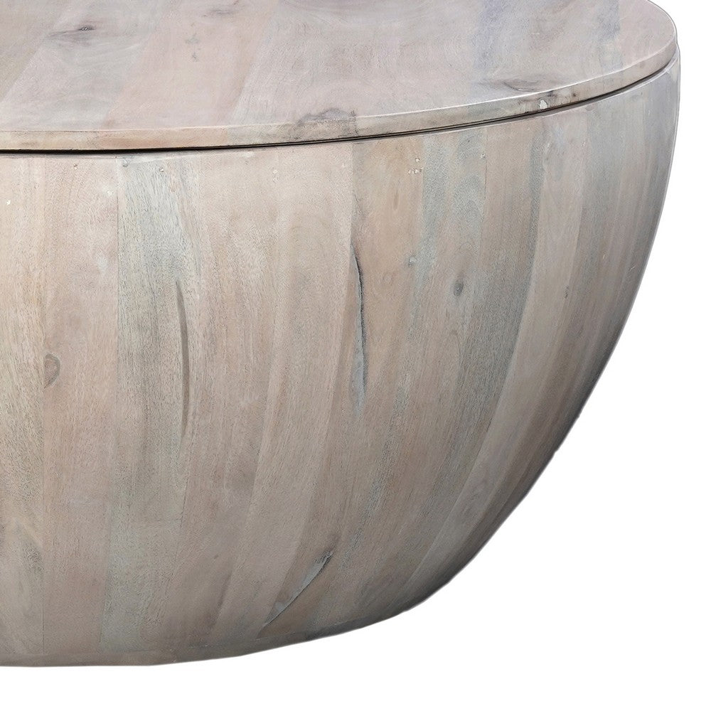 The Urban Port 37 Inch Round Coffee Table, Handcrafted Drum Shape with Storage, Washed White Mango Wood