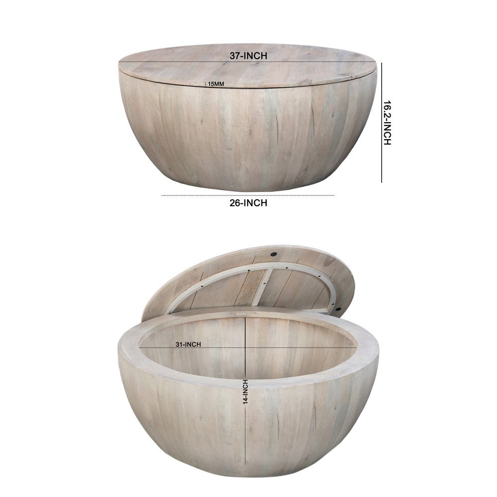 The Urban Port 37 Inch Round Coffee Table, Handcrafted Drum Shape with Storage, Washed White Mango Wood