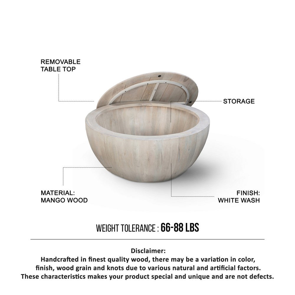 The Urban Port 37 Inch Round Coffee Table, Handcrafted Drum Shape with Storage, Washed White Mango Wood