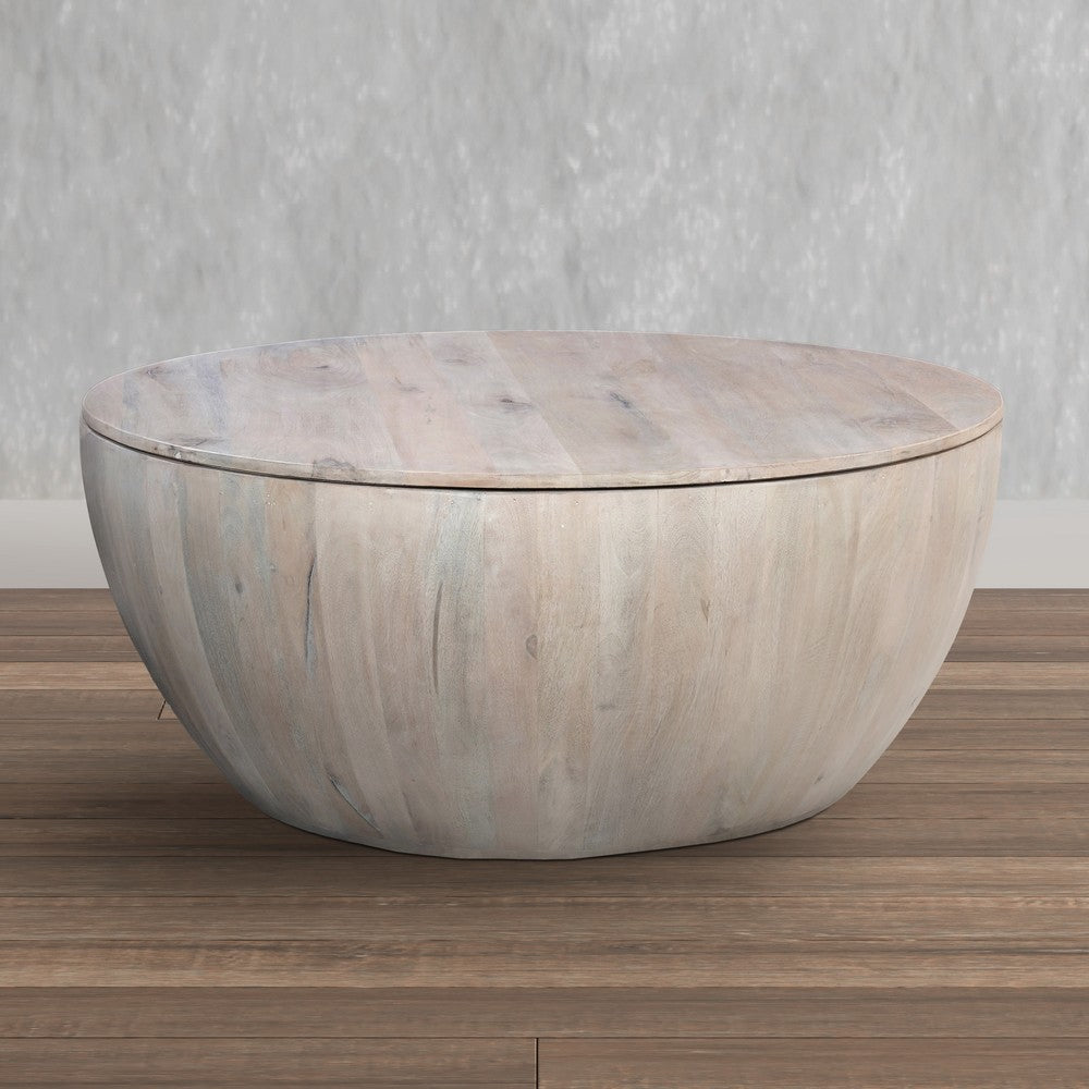 The Urban Port 37 Inch Round Coffee Table, Handcrafted Drum Shape with Storage, Washed White Mango Wood