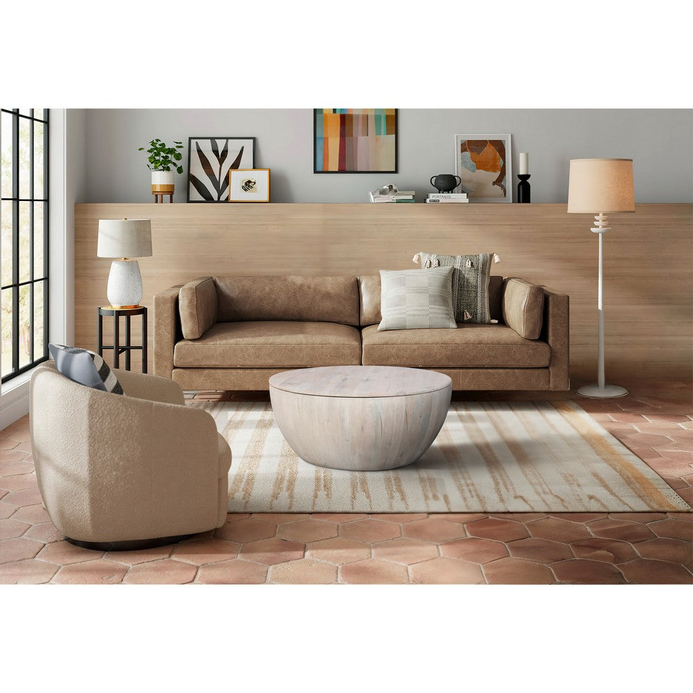 The Urban Port 37 Inch Round Coffee Table, Handcrafted Drum Shape with Storage, Washed White Mango Wood