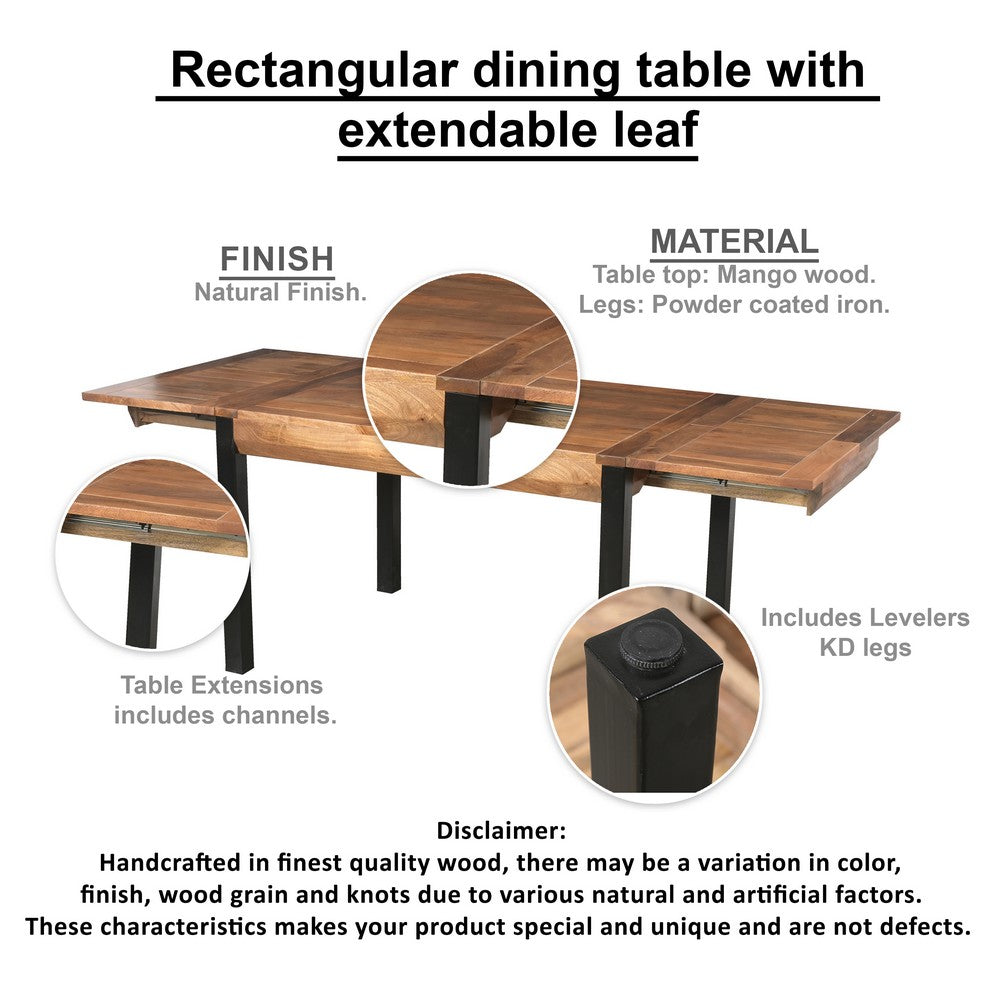 The Urban Port 83 Inch Extendable Rectangular Dining Table, Handcrafted Mango Wood with Black Iron Legs