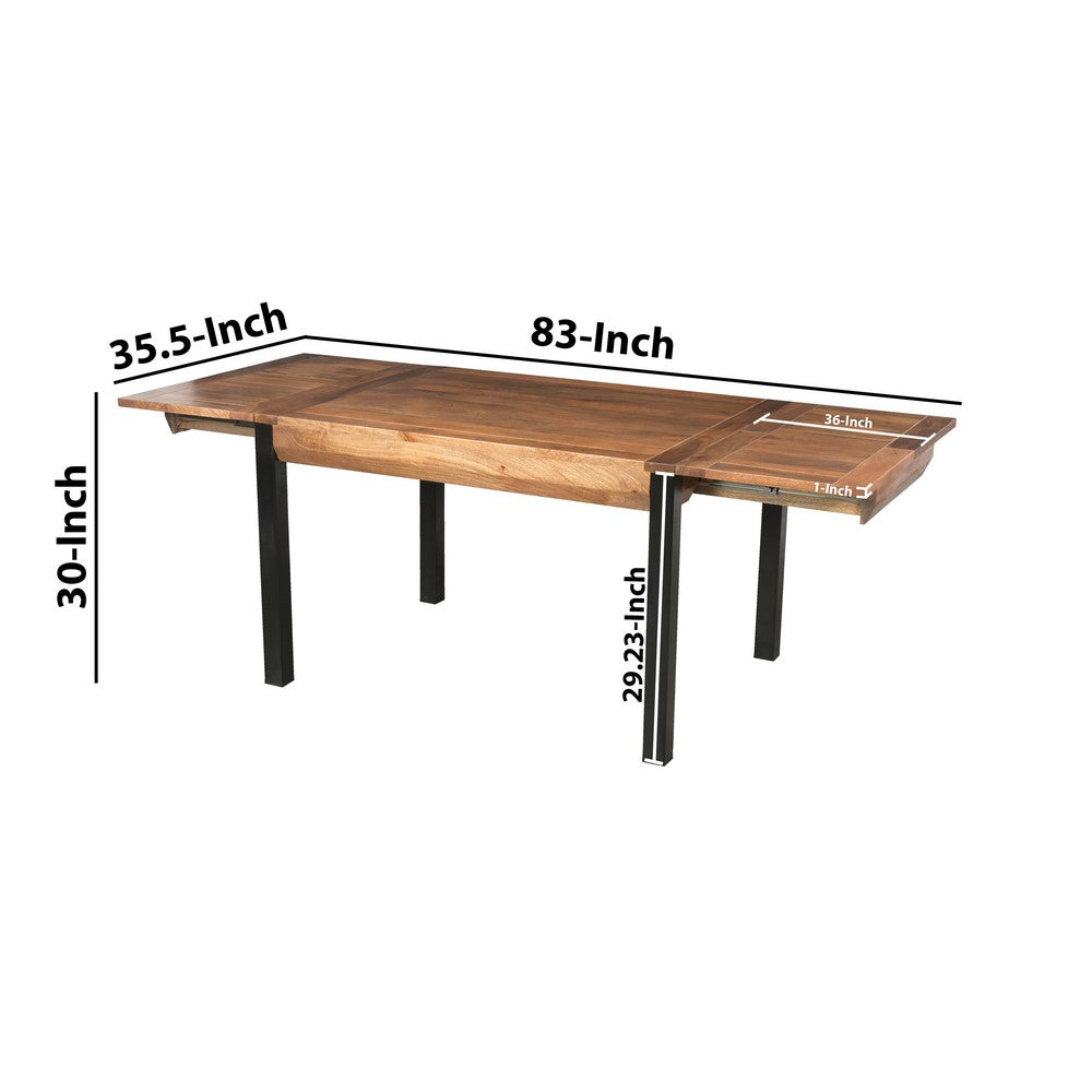The Urban Port 83 Inch Extendable Rectangular Dining Table, Handcrafted Mango Wood with Black Iron Legs
