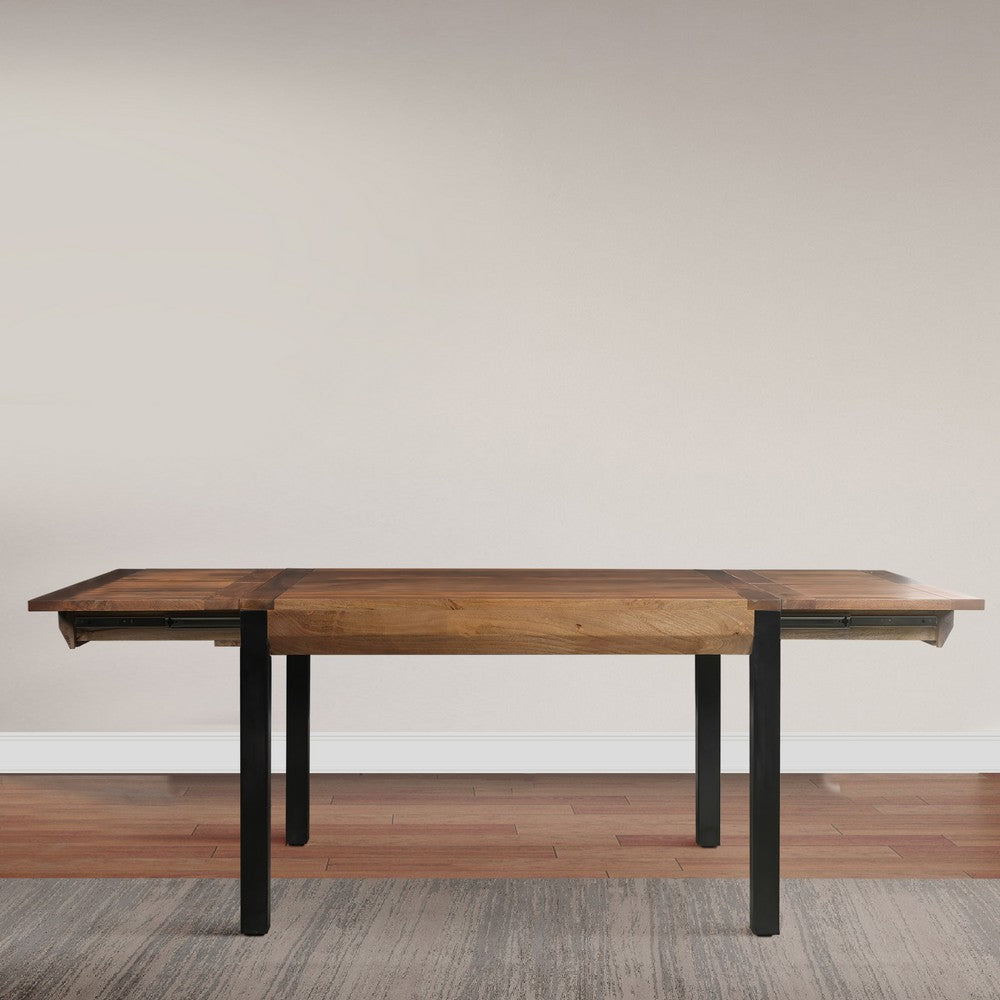 The Urban Port 83 Inch Extendable Rectangular Dining Table, Handcrafted Mango Wood with Black Iron Legs