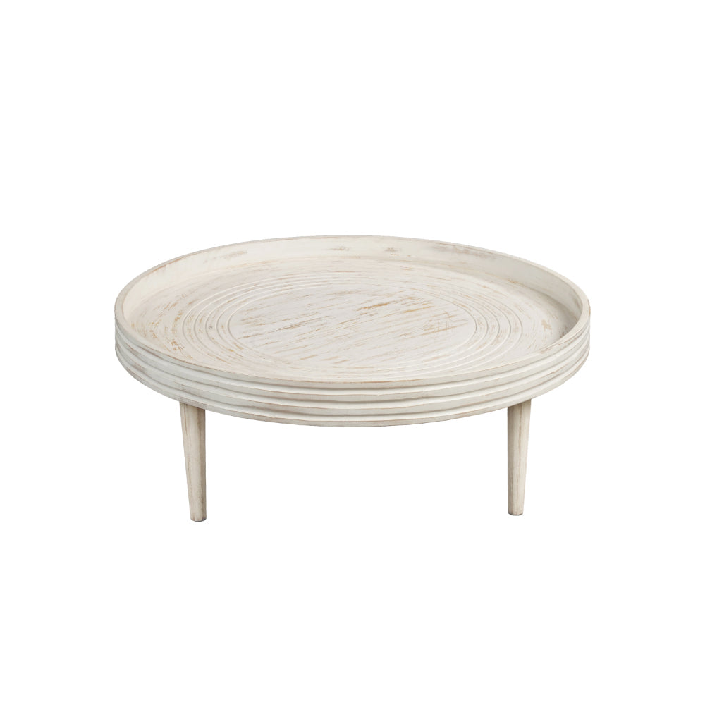 The Urban Port 33 Inch Coffee Table, Solid Mango Wood, Handcrafted Round Grooved Raised Edge, Distressed White