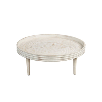 The Urban Port 33 Inch Coffee Table, Solid Mango Wood, Handcrafted Round Grooved Raised Edge, Distressed White