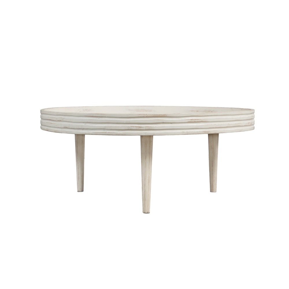 The Urban Port 33 Inch Coffee Table, Solid Mango Wood, Handcrafted Round Grooved Raised Edge, Distressed White