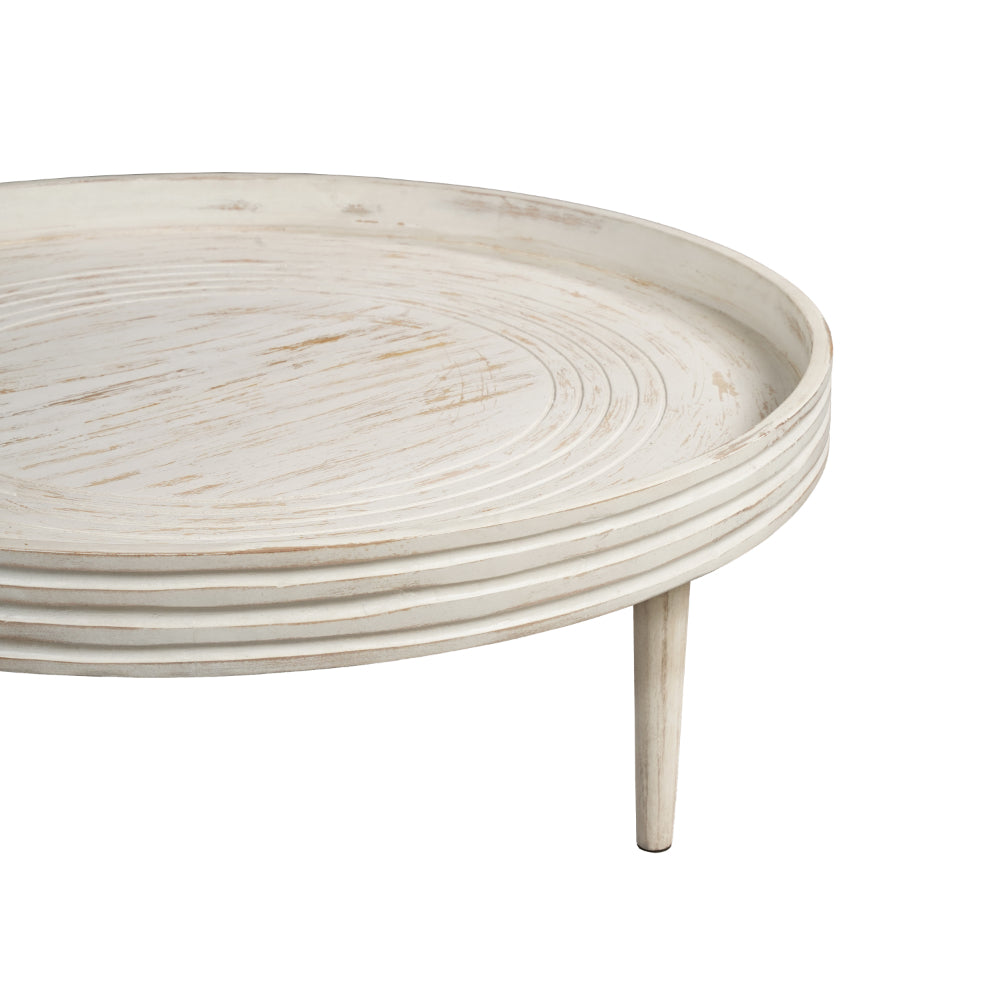 The Urban Port 33 Inch Coffee Table, Solid Mango Wood, Handcrafted Round Grooved Raised Edge, Distressed White