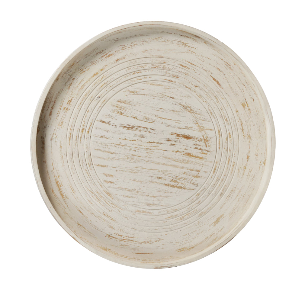 The Urban Port 33 Inch Coffee Table, Solid Mango Wood, Handcrafted Round Grooved Raised Edge, Distressed White