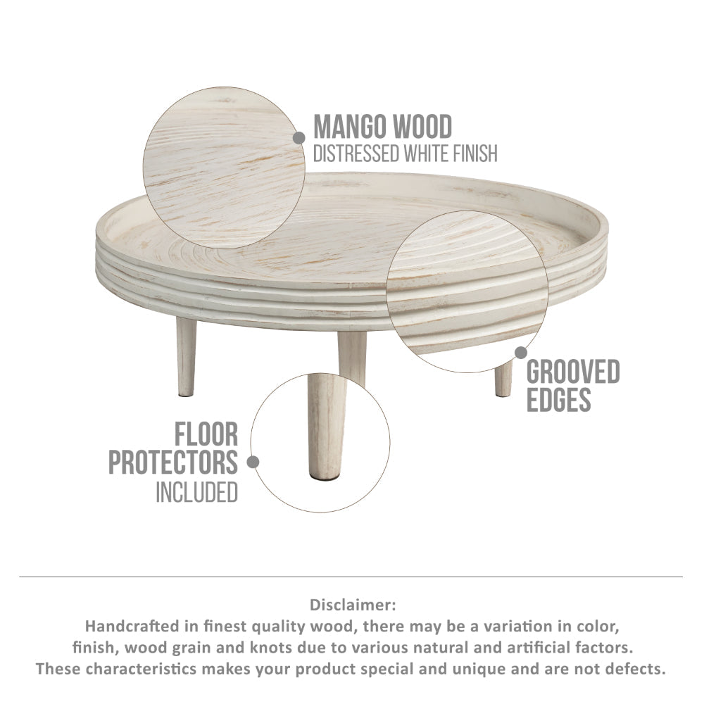 The Urban Port 33 Inch Coffee Table, Solid Mango Wood, Handcrafted Round Grooved Raised Edge, Distressed White