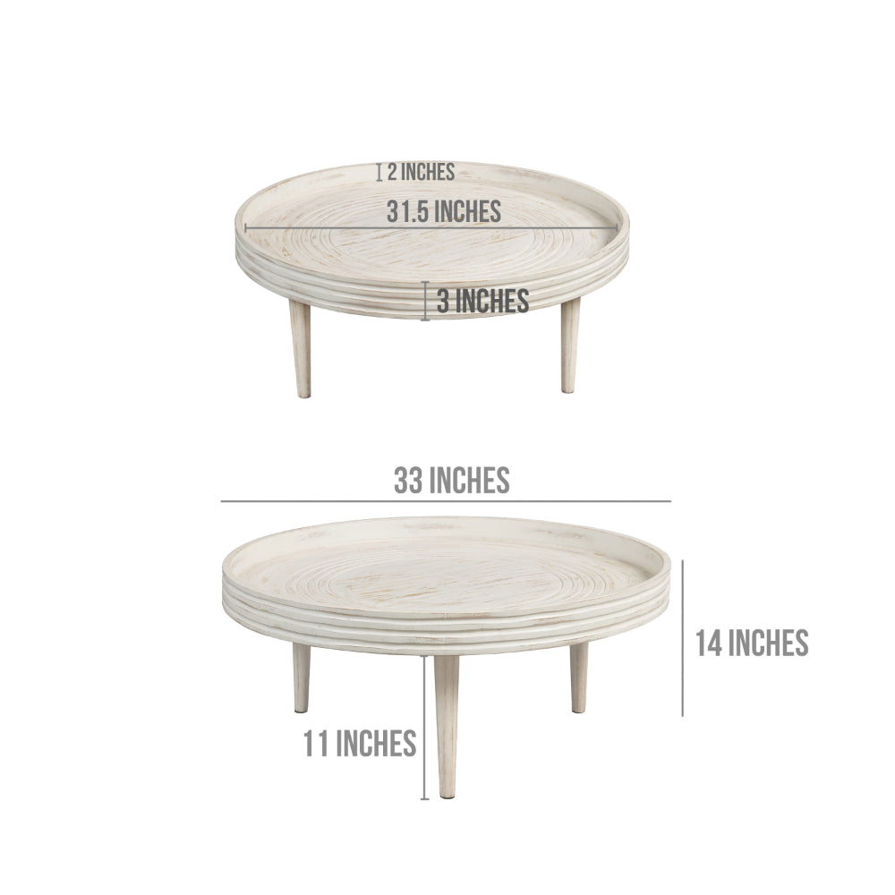 The Urban Port 33 Inch Coffee Table, Solid Mango Wood, Handcrafted Round Grooved Raised Edge, Distressed White