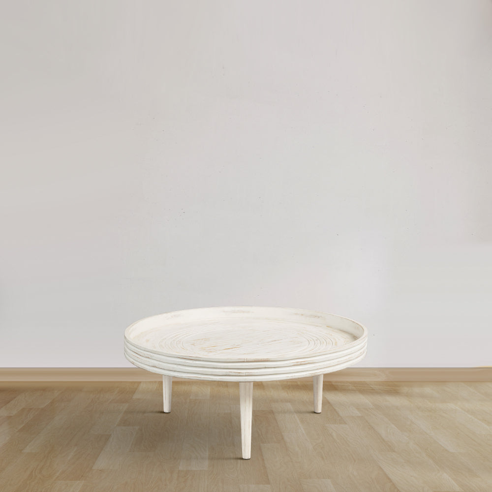 The Urban Port 33 Inch Coffee Table, Solid Mango Wood, Handcrafted Round Grooved Raised Edge, Distressed White