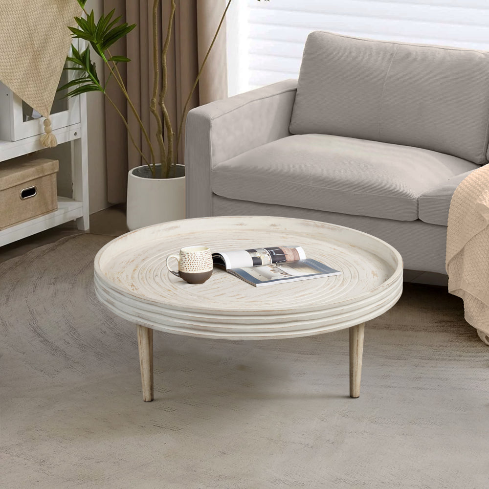 The Urban Port 33 Inch Coffee Table, Solid Mango Wood, Handcrafted Round Grooved Raised Edge, Distressed White