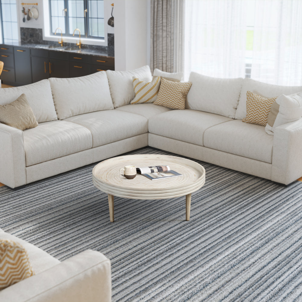 The Urban Port 33 Inch Coffee Table, Solid Mango Wood, Handcrafted Round Grooved Raised Edge, Distressed White