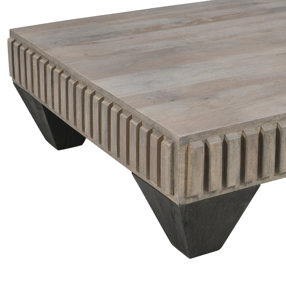 The Urban Port Tokyo Inspired 36 Inch Square Mango Wood Coffee Table - Handcrafted with Elegant Sandblasted Gray Finish And Tapered Legs