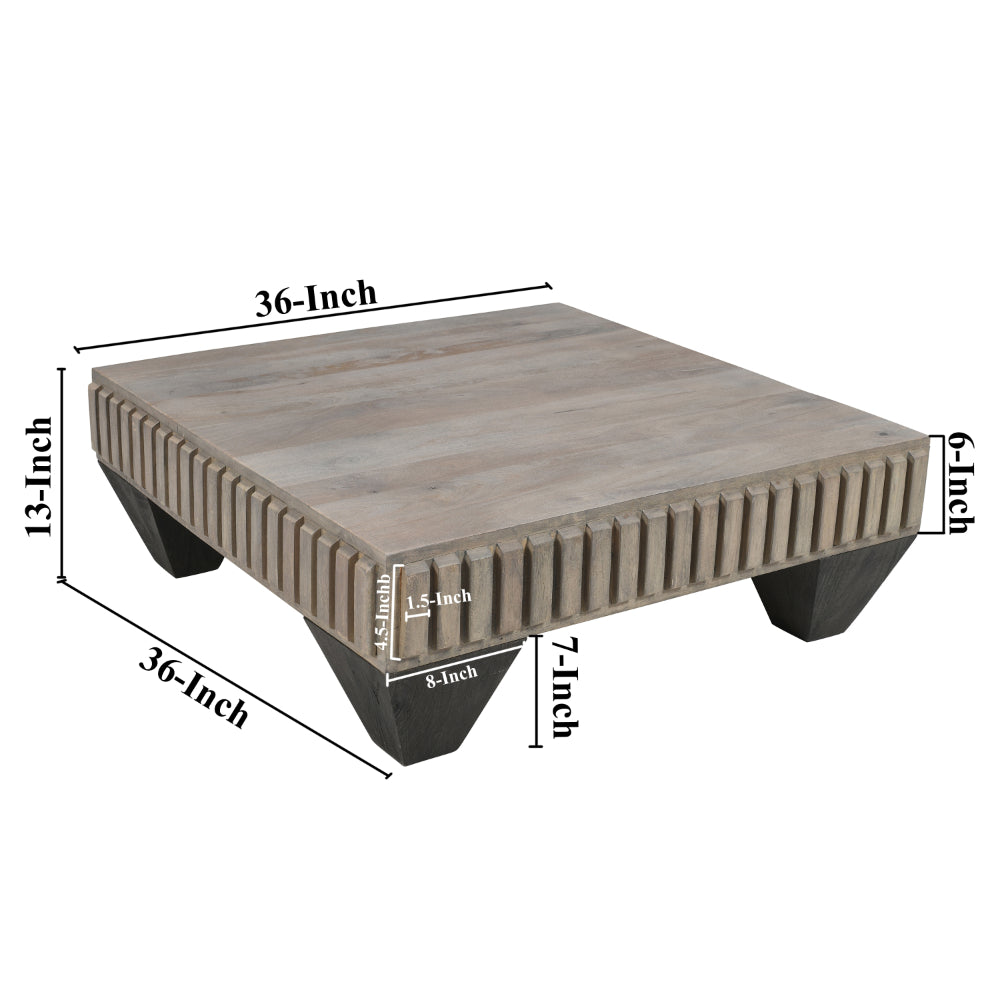 The Urban Port Tokyo Inspired 36 Inch Square Mango Wood Coffee Table - Handcrafted with Elegant Sandblasted Gray Finish And Tapered Legs