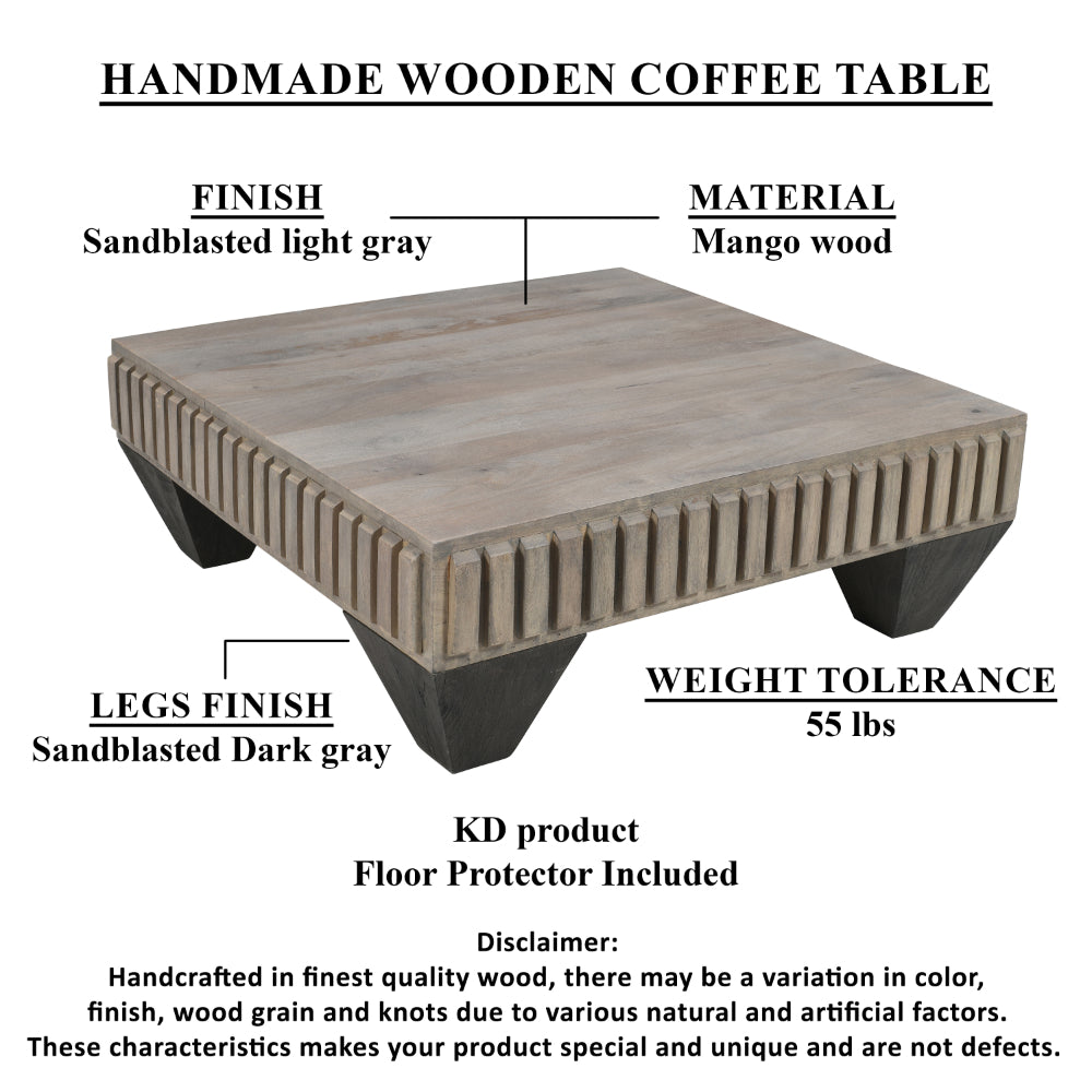 The Urban Port Tokyo Inspired 36 Inch Square Mango Wood Coffee Table - Handcrafted with Elegant Sandblasted Gray Finish And Tapered Legs