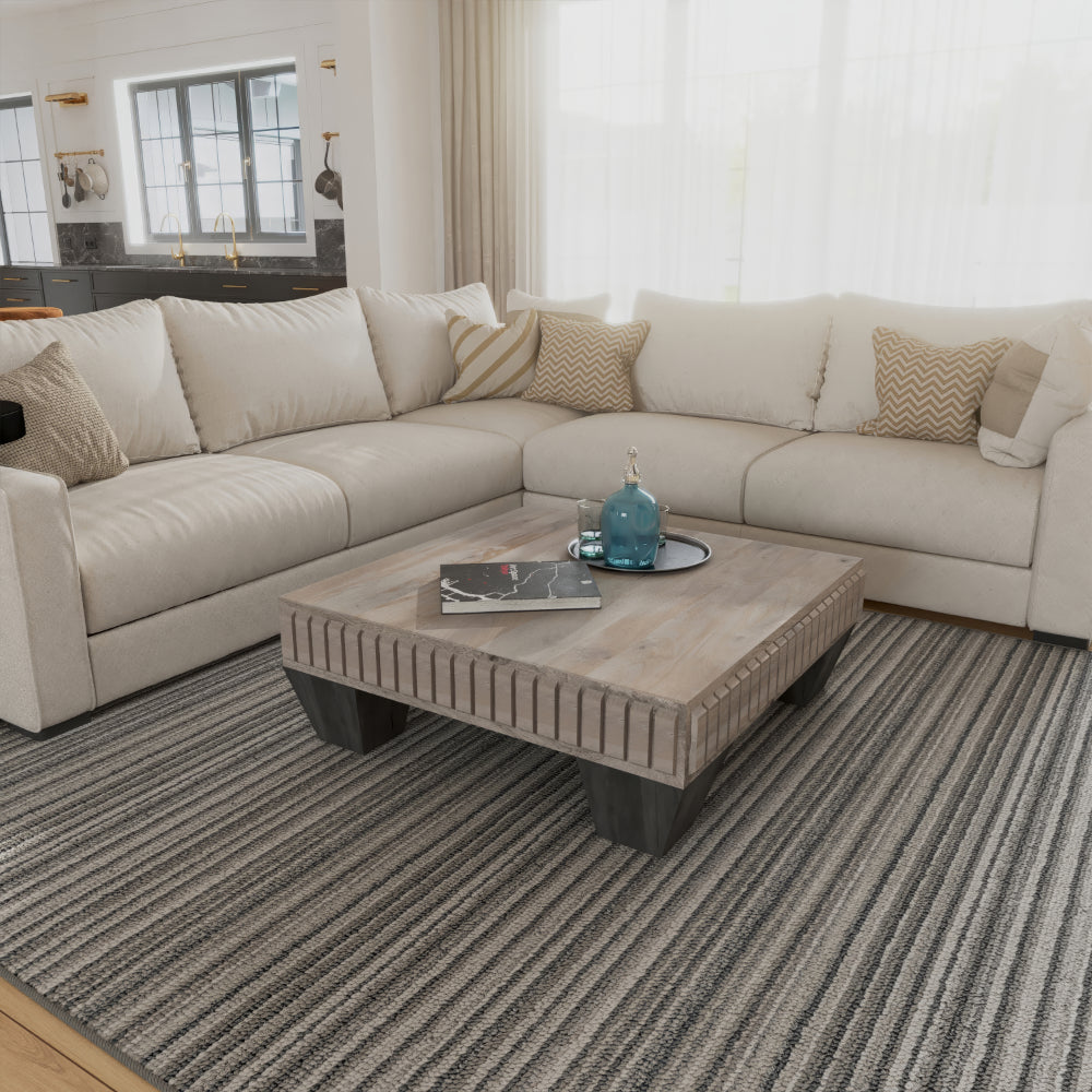 The Urban Port Tokyo Inspired 36 Inch Square Mango Wood Coffee Table - Handcrafted with Elegant Sandblasted Gray Finish And Tapered Legs