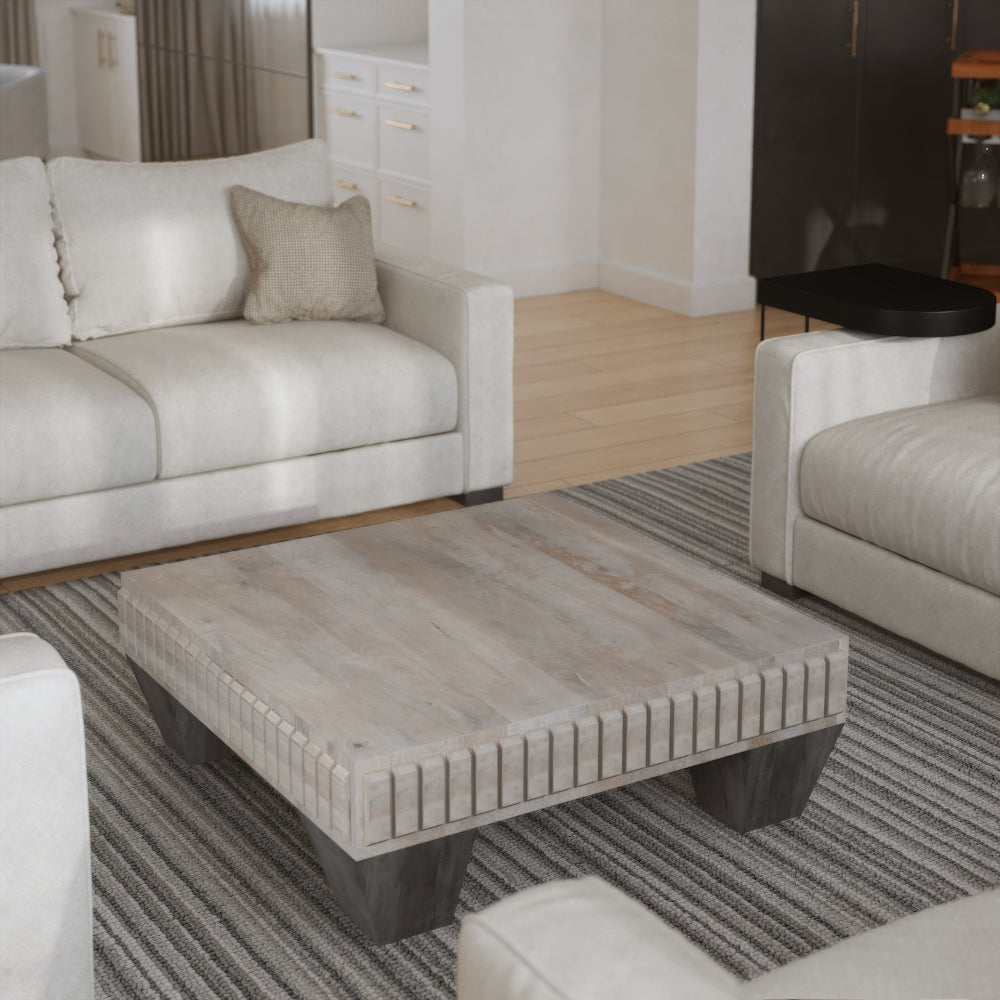 The Urban Port Tokyo Inspired 36 Inch Square Mango Wood Coffee Table - Handcrafted with Elegant Sandblasted Gray Finish And Tapered Legs