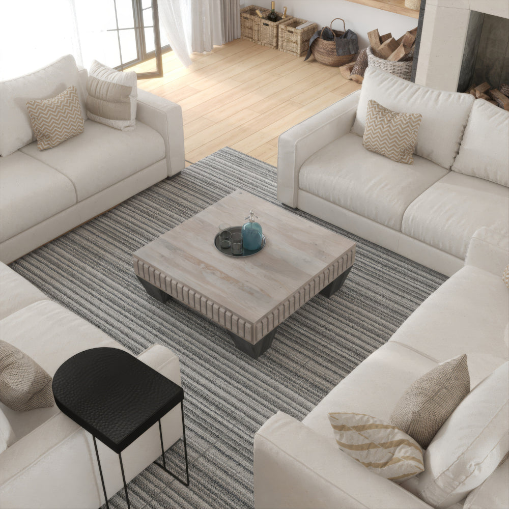 The Urban Port Tokyo Inspired 36 Inch Square Mango Wood Coffee Table - Handcrafted with Elegant Sandblasted Gray Finish And Tapered Legs