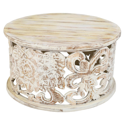 The Urban Port Alina Coffee Table Handcrafted Mango Wood Floral Carved Cut Out Design Distressed White Finish 33 Inch