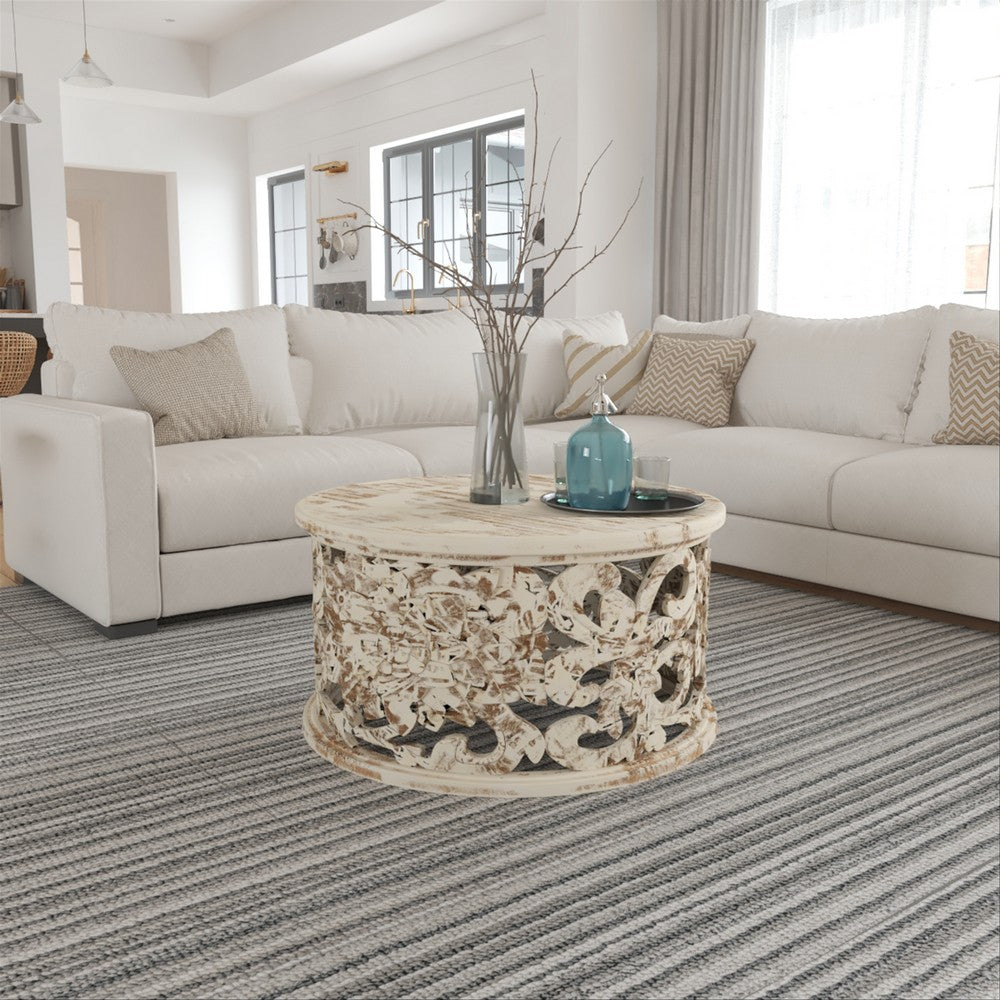 The Urban Port Alina Coffee Table Handcrafted Mango Wood Floral Carved Cut Out Design Distressed White Finish 33 Inch
