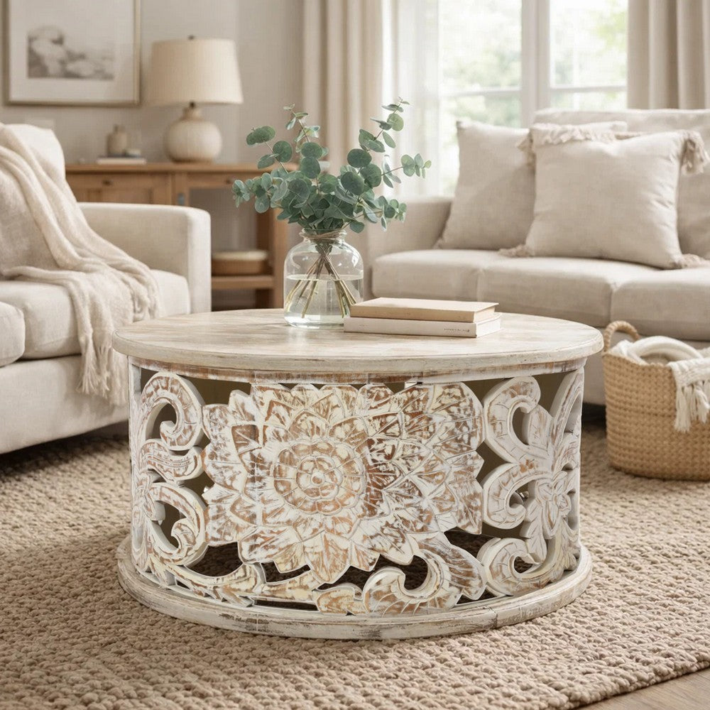 The Urban Port Alina Coffee Table Handcrafted Mango Wood Floral Carved Cut Out Design Distressed White Finish 33 Inch