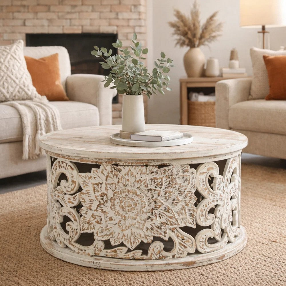 The Urban Port Alina Coffee Table Handcrafted Mango Wood Floral Carved Cut Out Design Distressed White Finish 33 Inch