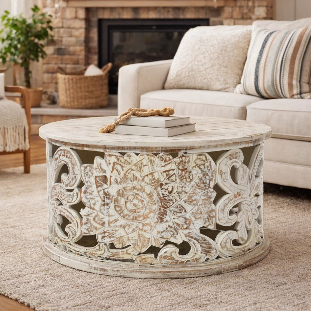 The Urban Port Alina Coffee Table Handcrafted Mango Wood Floral Carved Cut Out Design Distressed White Finish 33 Inch