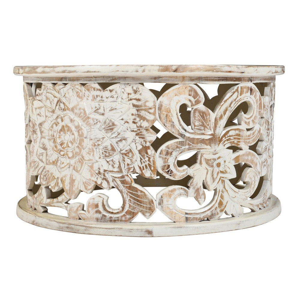 The Urban Port Alina Coffee Table Handcrafted Mango Wood Floral Carved Cut Out Design Distressed White Finish 33 Inch