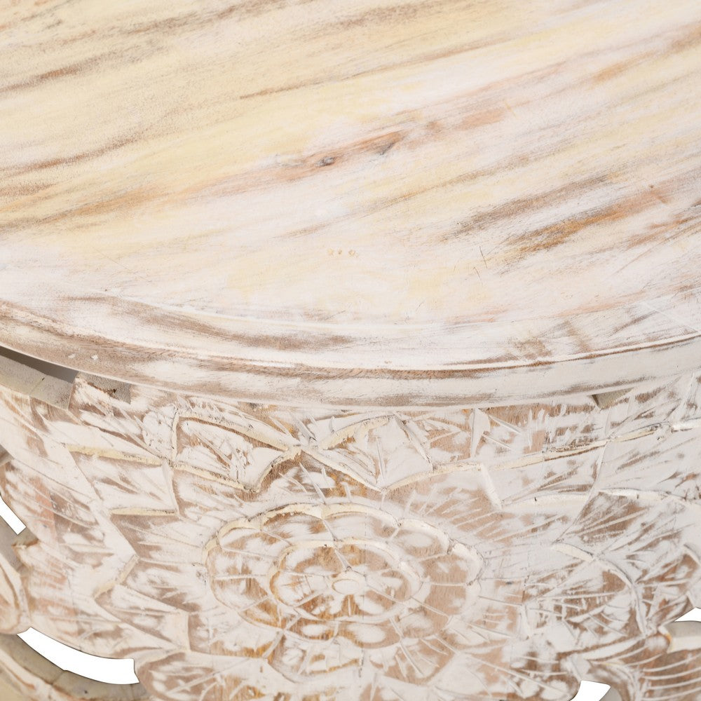 The Urban Port Alina Coffee Table Handcrafted Mango Wood Floral Carved Cut Out Design Distressed White Finish 33 Inch