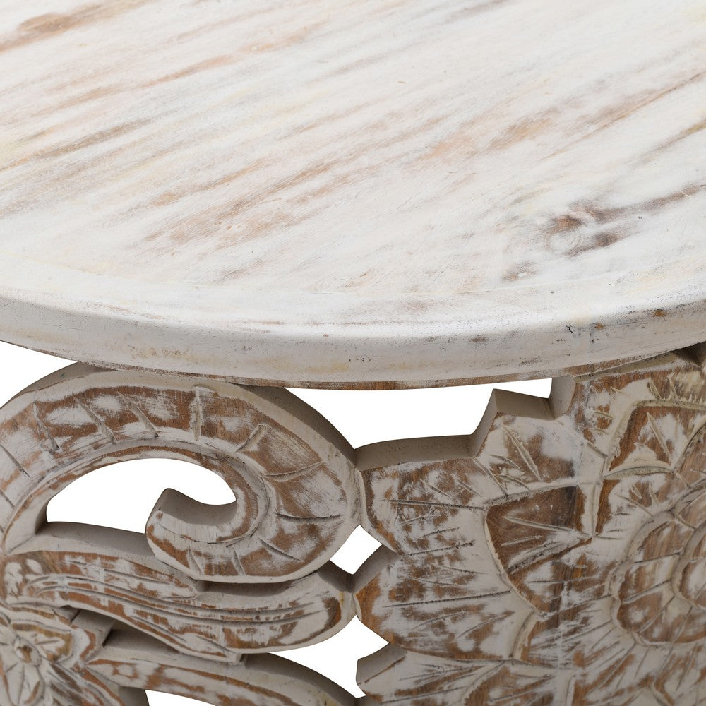The Urban Port Alina Coffee Table Handcrafted Mango Wood Floral Carved Cut Out Design Distressed White Finish 33 Inch