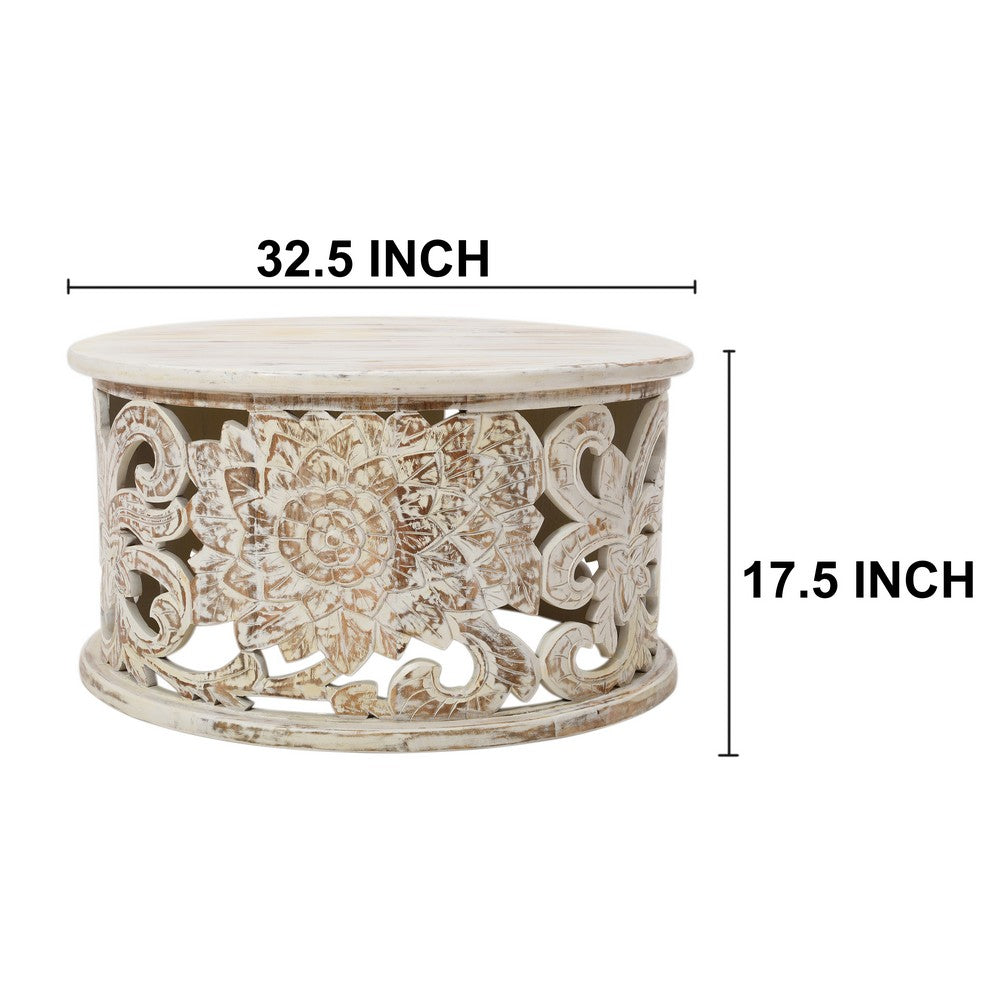 The Urban Port Alina Coffee Table Handcrafted Mango Wood Floral Carved Cut Out Design Distressed White Finish 33 Inch