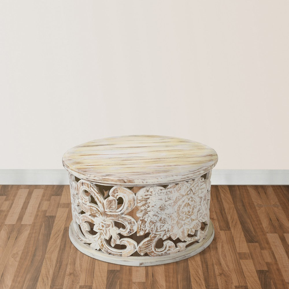 The Urban Port Alina Coffee Table Handcrafted Mango Wood Floral Carved Cut Out Design Distressed White Finish 33 Inch