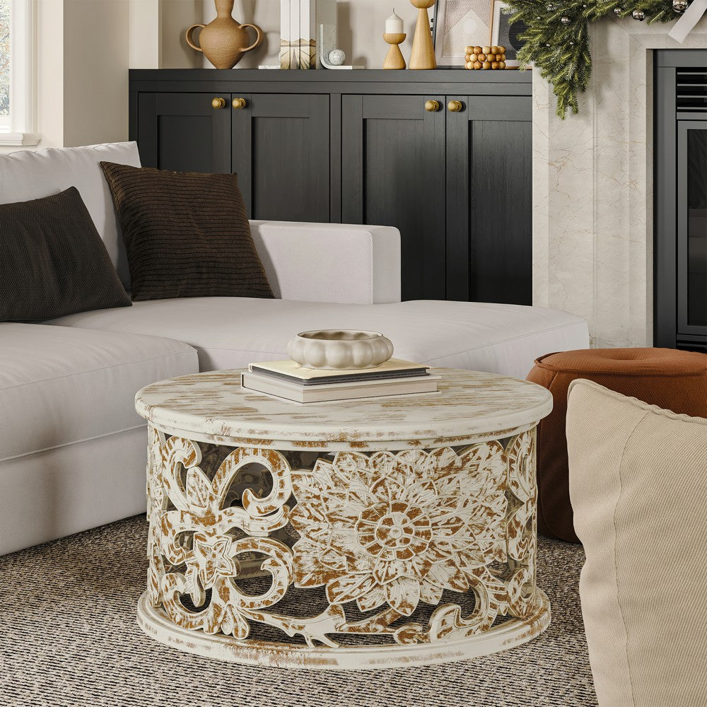 The Urban Port Alina Coffee Table Handcrafted Mango Wood Floral Carved Cut Out Design Distressed White Finish 33 Inch