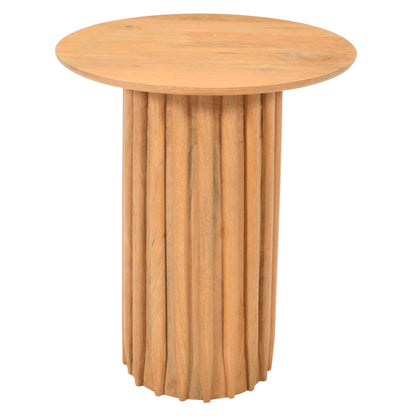 The Urban Port Sejo Side End Table, 20 Inch Round Top with Fluted Base in Natural Brown Mango Wood