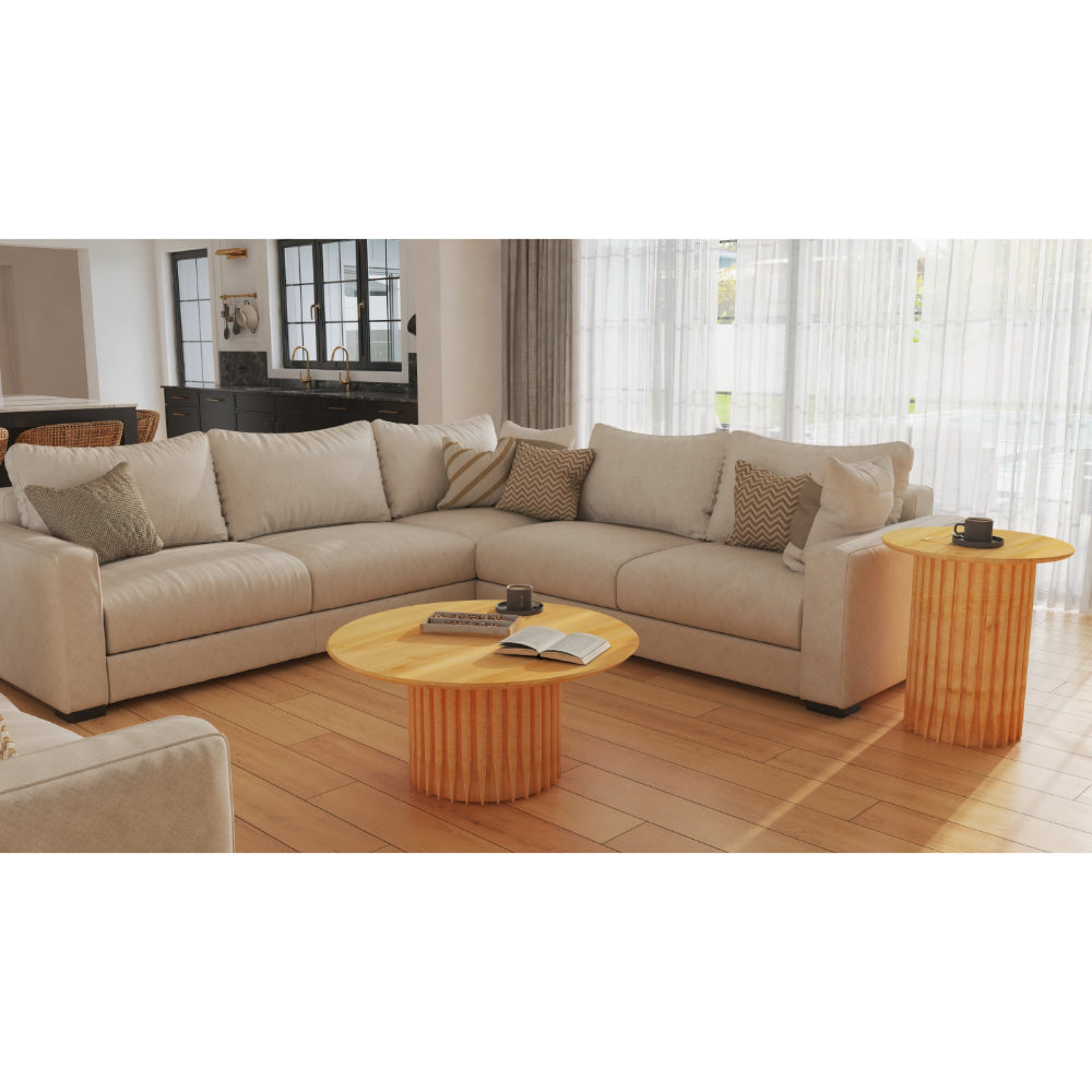 The Urban Port Sejo Side End Table, 20 Inch Round Top with Fluted Base in Natural Brown Mango Wood