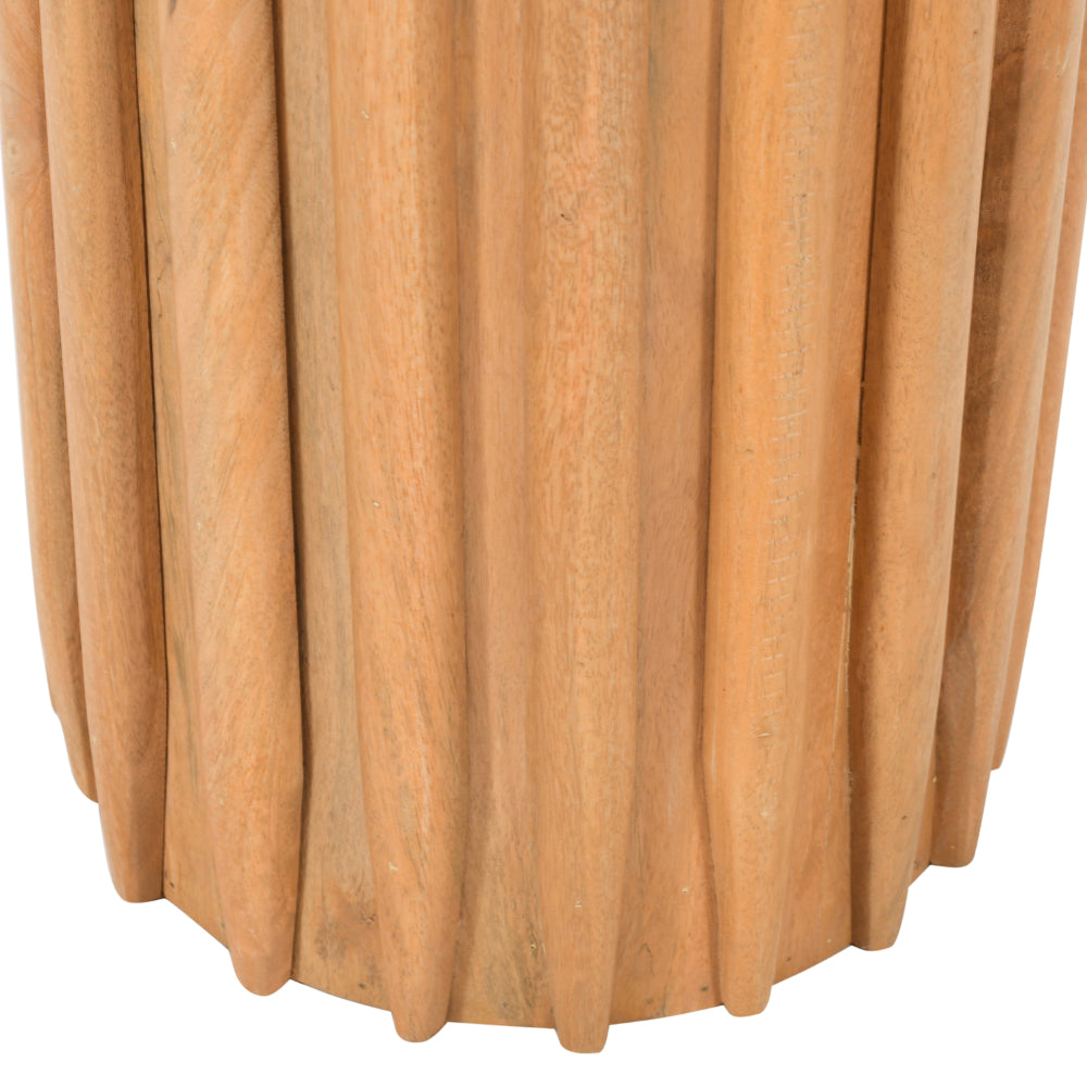 The Urban Port Sejo Side End Table, 20 Inch Round Top with Fluted Base in Natural Brown Mango Wood