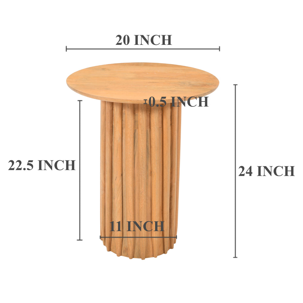 The Urban Port Sejo Side End Table, 20 Inch Round Top with Fluted Base in Natural Brown Mango Wood