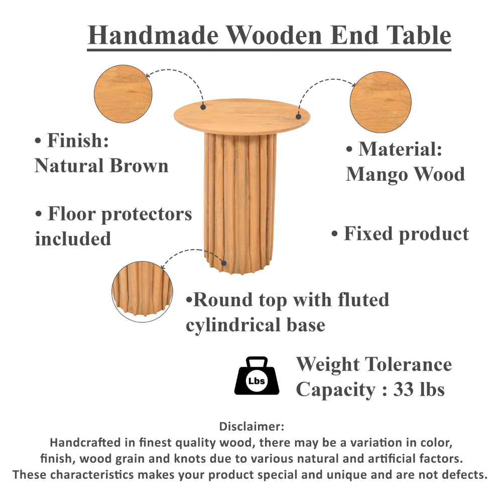 The Urban Port Sejo Side End Table, 20 Inch Round Top with Fluted Base in Natural Brown Mango Wood