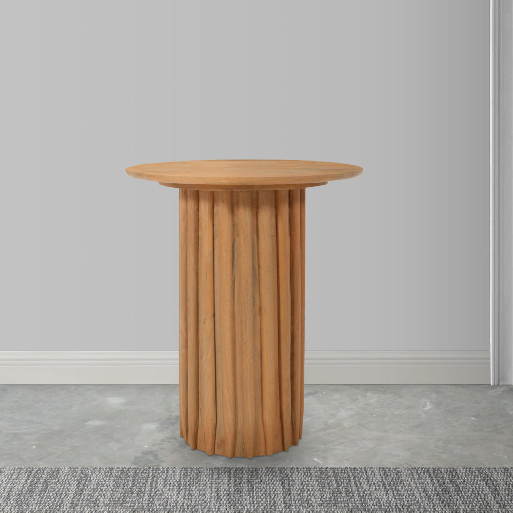 The Urban Port Sejo Side End Table, 20 Inch Round Top with Fluted Base in Natural Brown Mango Wood