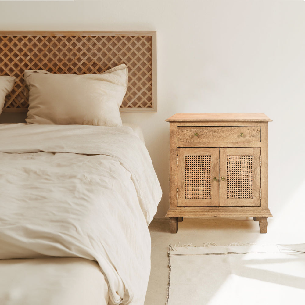 The Urban Port 30 Inch Nightstand Table, Rattan Cabinet Doors And Drawer Fronts, Sandblasted Brown Mango Wood