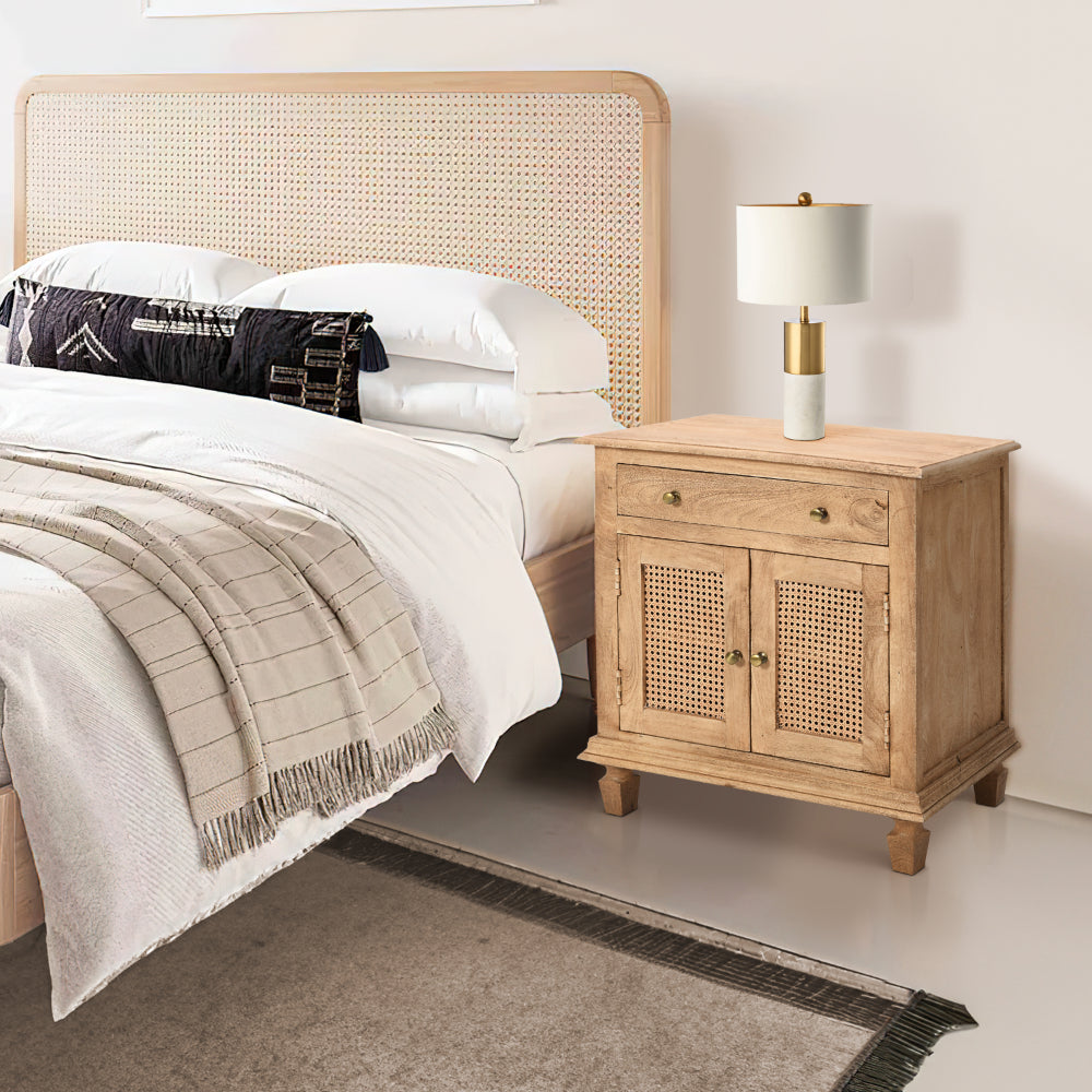 The Urban Port 30 Inch Nightstand Table, Rattan Cabinet Doors And Drawer Fronts, Sandblasted Brown Mango Wood