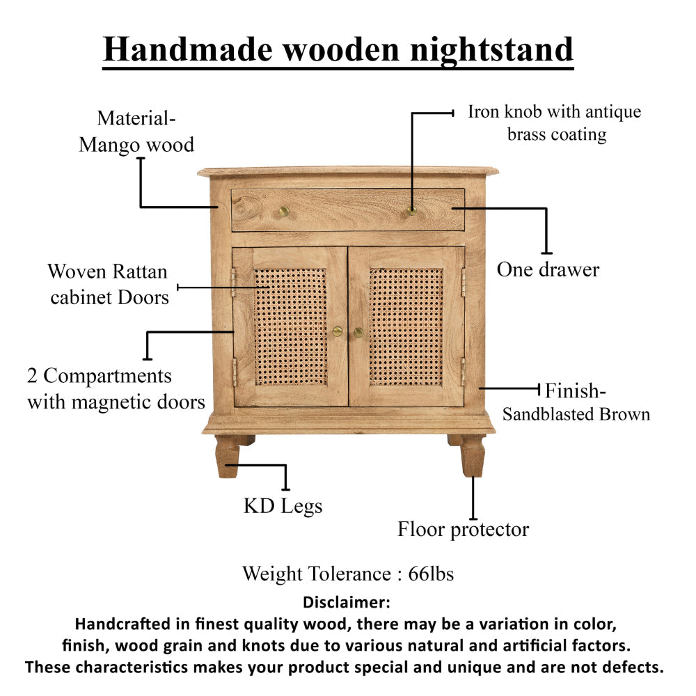 The Urban Port 30 Inch Nightstand Table, Rattan Cabinet Doors And Drawer Fronts, Sandblasted Brown Mango Wood