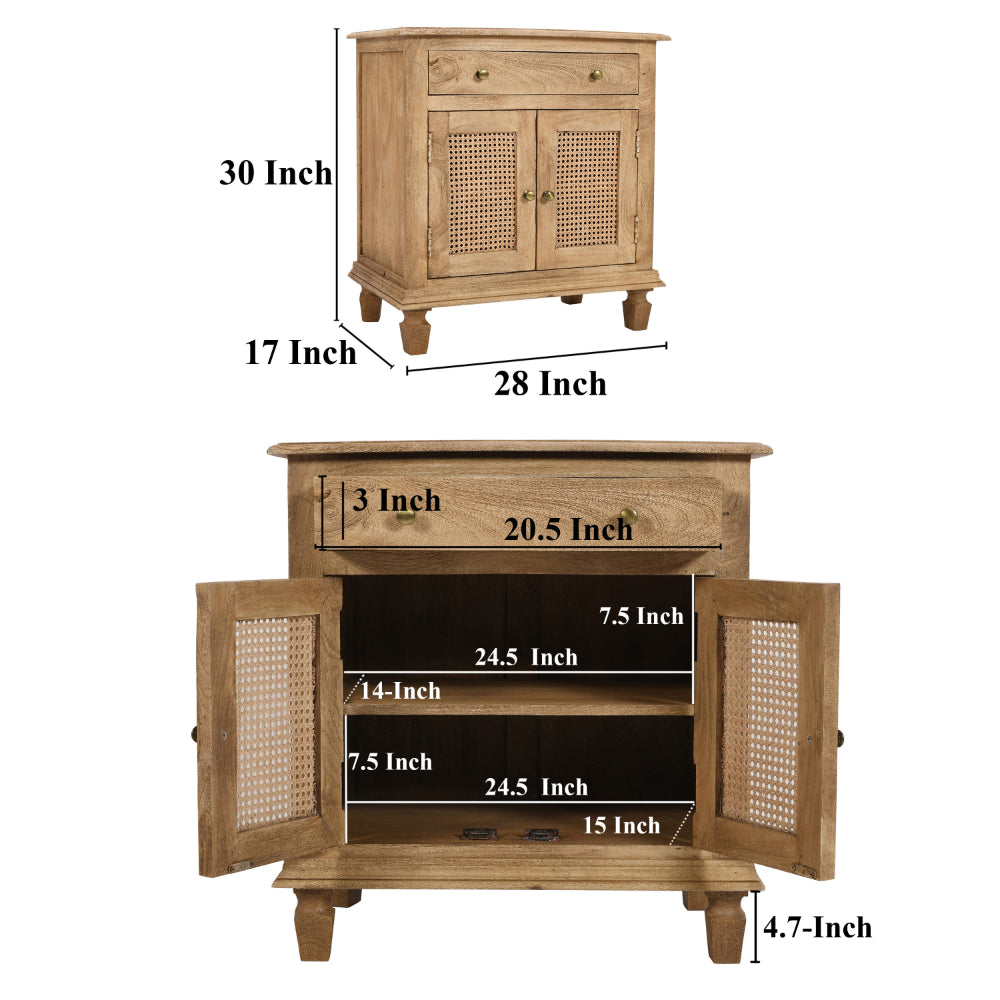 The Urban Port 30 Inch Nightstand Table, Rattan Cabinet Doors And Drawer Fronts, Sandblasted Brown Mango Wood