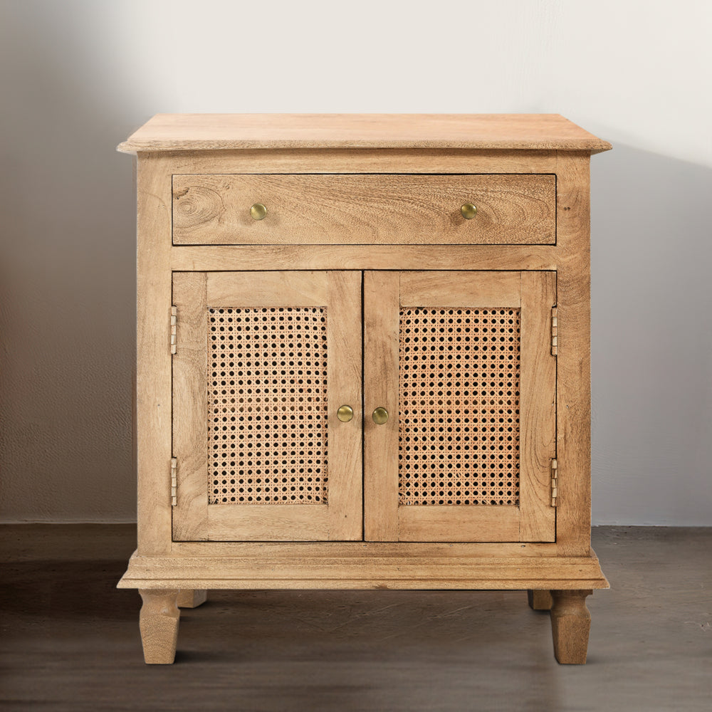 The Urban Port 30 Inch Nightstand Table, Rattan Cabinet Doors And Drawer Fronts, Sandblasted Brown Mango Wood