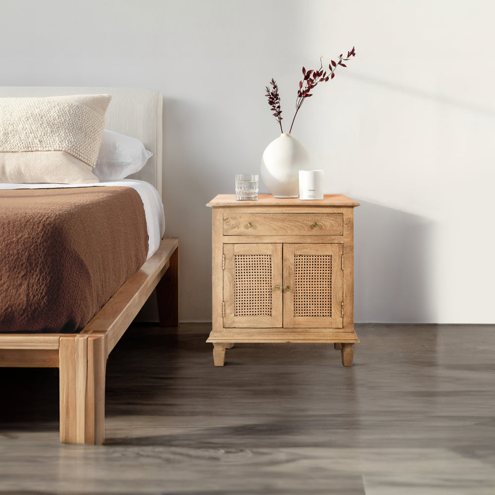 The Urban Port 30 Inch Nightstand Table, Rattan Cabinet Doors And Drawer Fronts, Sandblasted Brown Mango Wood